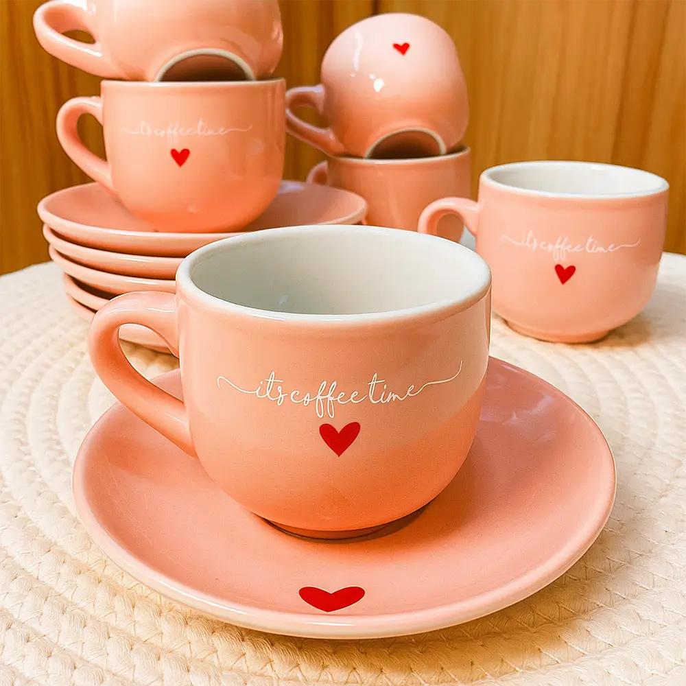 Jogo de Xícaras L'Amour 90ml com Pires – 12 Peças de Porcelana