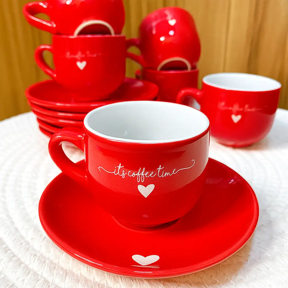 Jogo de Xícaras L'Amour 90ml com Pires – 12 Peças de Porcelana