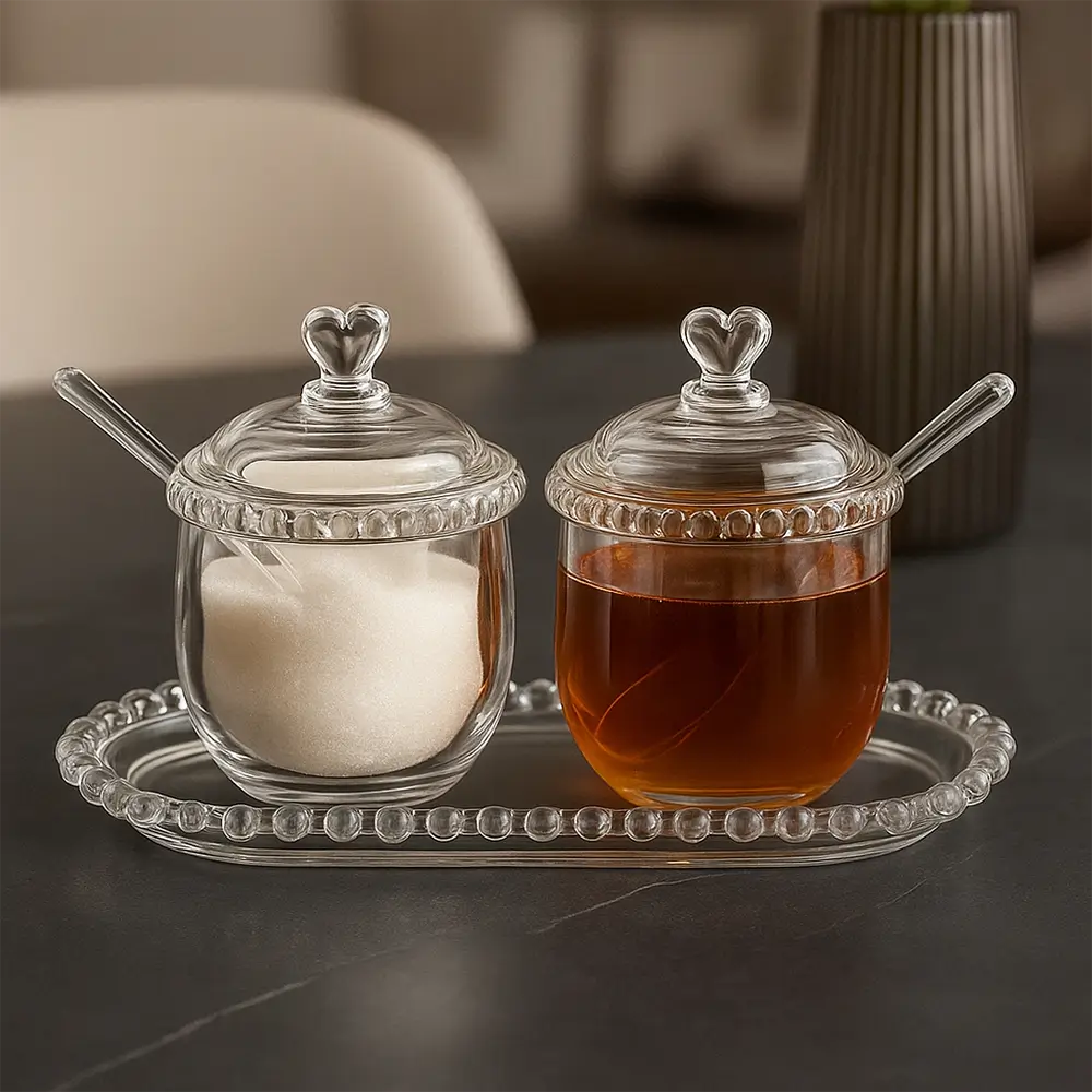 Kit Açucareiro e Meleira Doce Coração – 3 Peças de Cristal