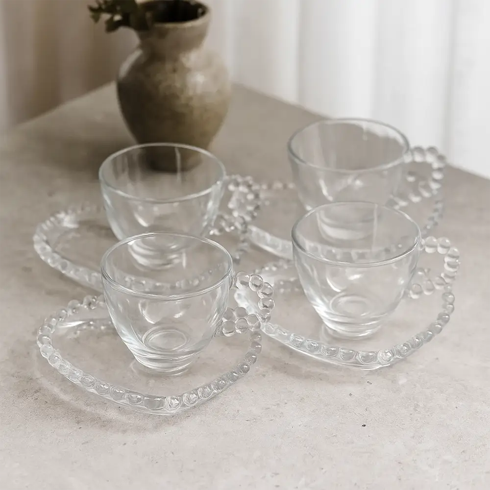 Jogo de Xícaras Pérola 180ml com Pires Coração – 8 Peças de Cristal