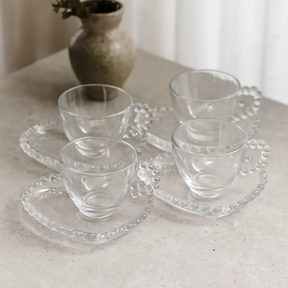 Jogo de Xícaras Pérola 180ml com Pires Coração – 8 Peças de Cristal
