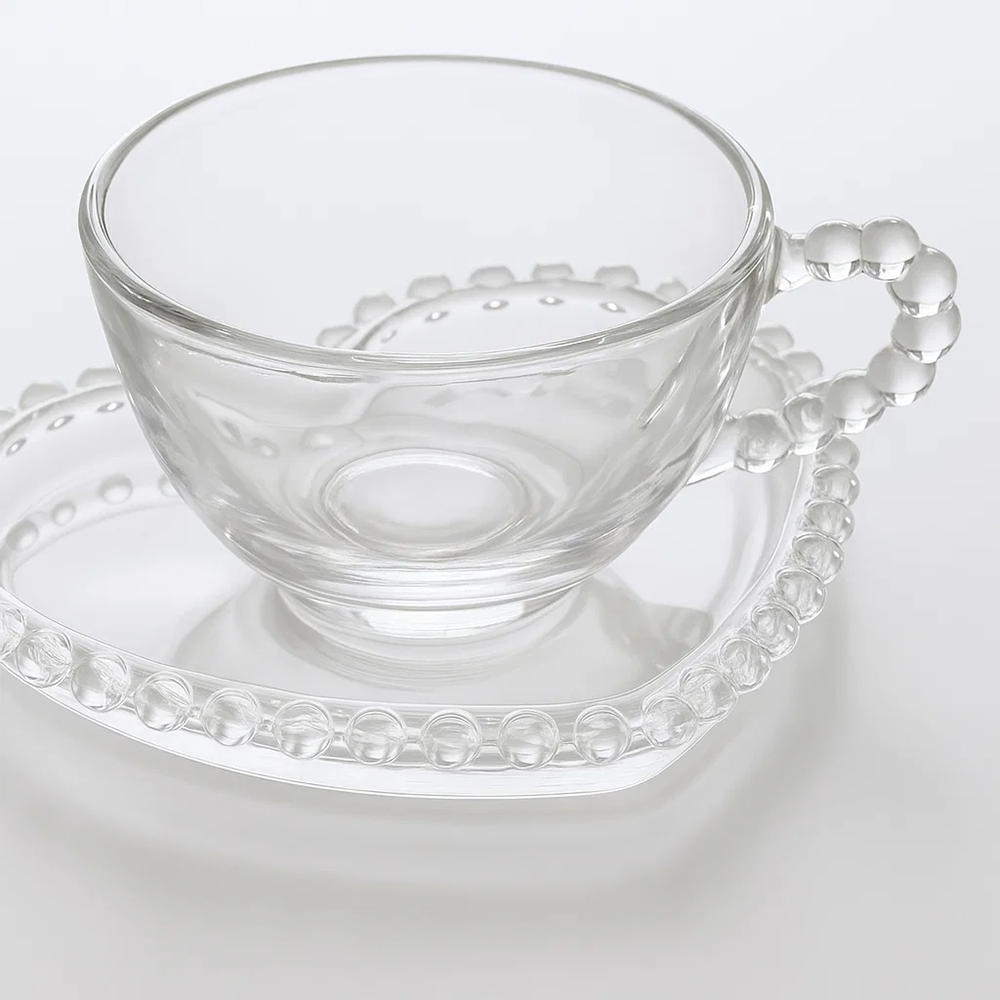 Jogo de Xícaras Pérola 180ml com Pires Coração – 8 Peças de Cristal